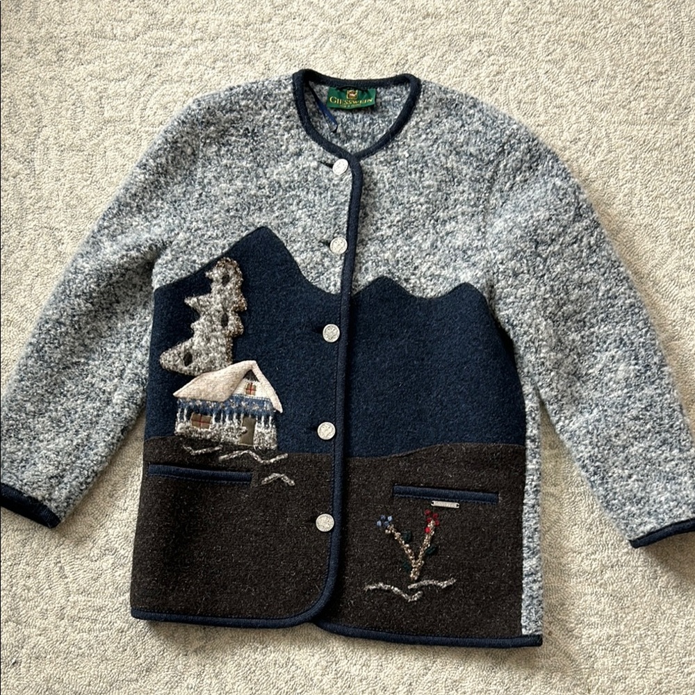 Giesswein Wool Blue and Gray Teddy Jacket with Plush Texture Size 6